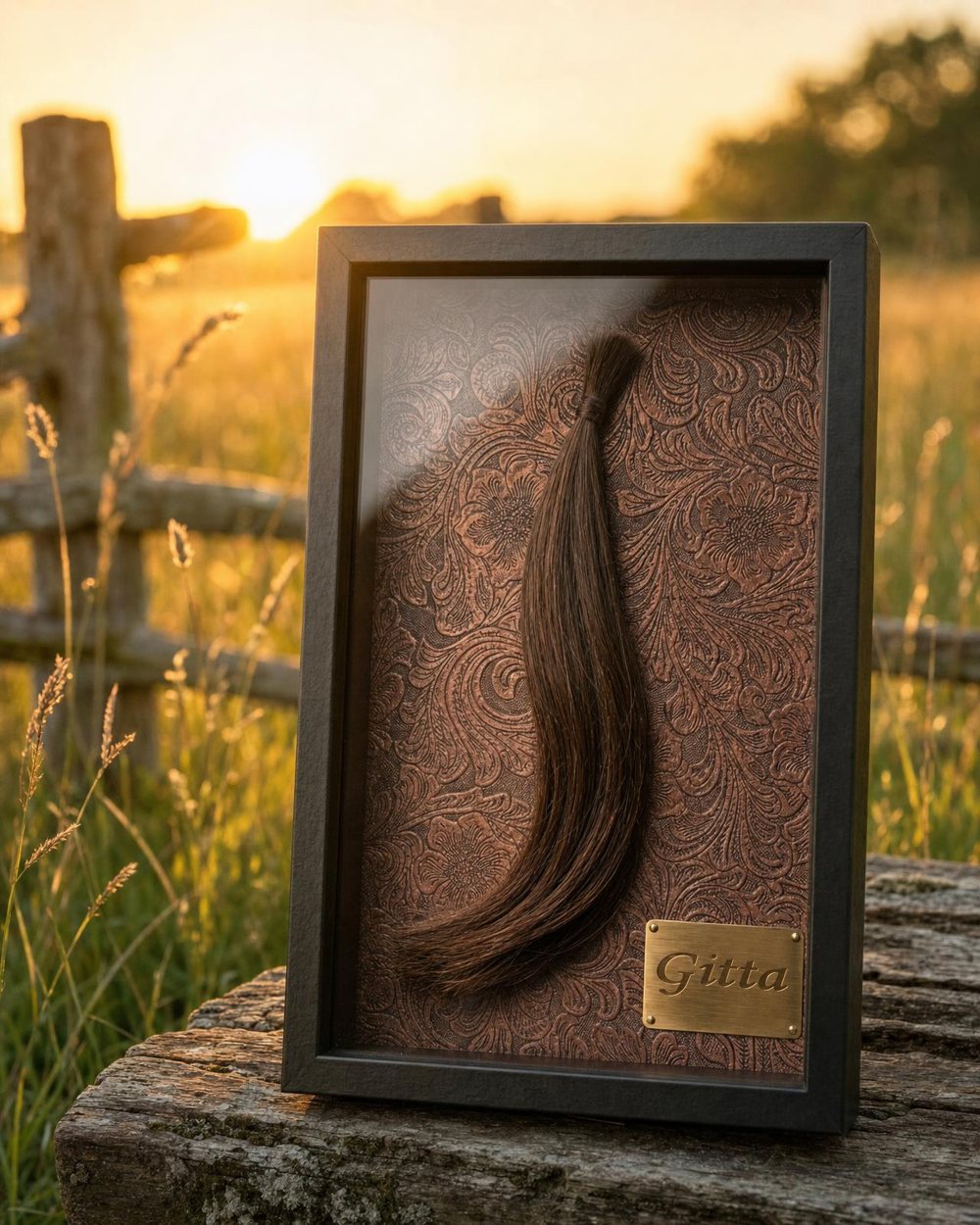 Diepe zwarte fotolijst met een lok bruin paardenhaar en naamplaatje, op een bank in het weiland