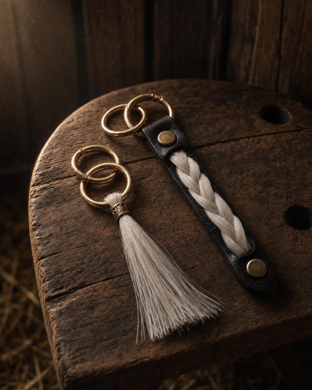 Twee sleutelhangers van paardenhaar, een witte kwast en een gevlochten streng op zwart leer, op een werkbank in de zadelkamer