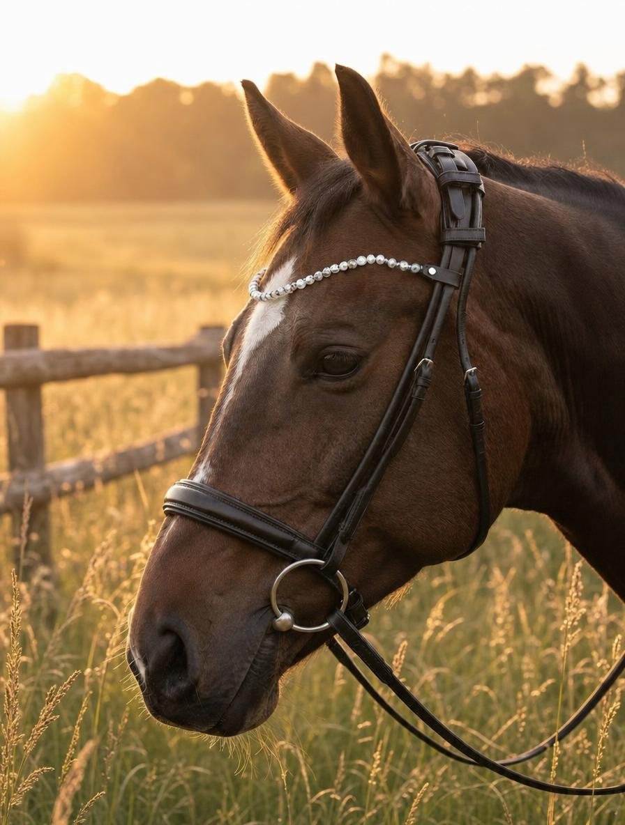 Bruin paard met bles en een frontriem van strass in het weiland bij ondergaande zon