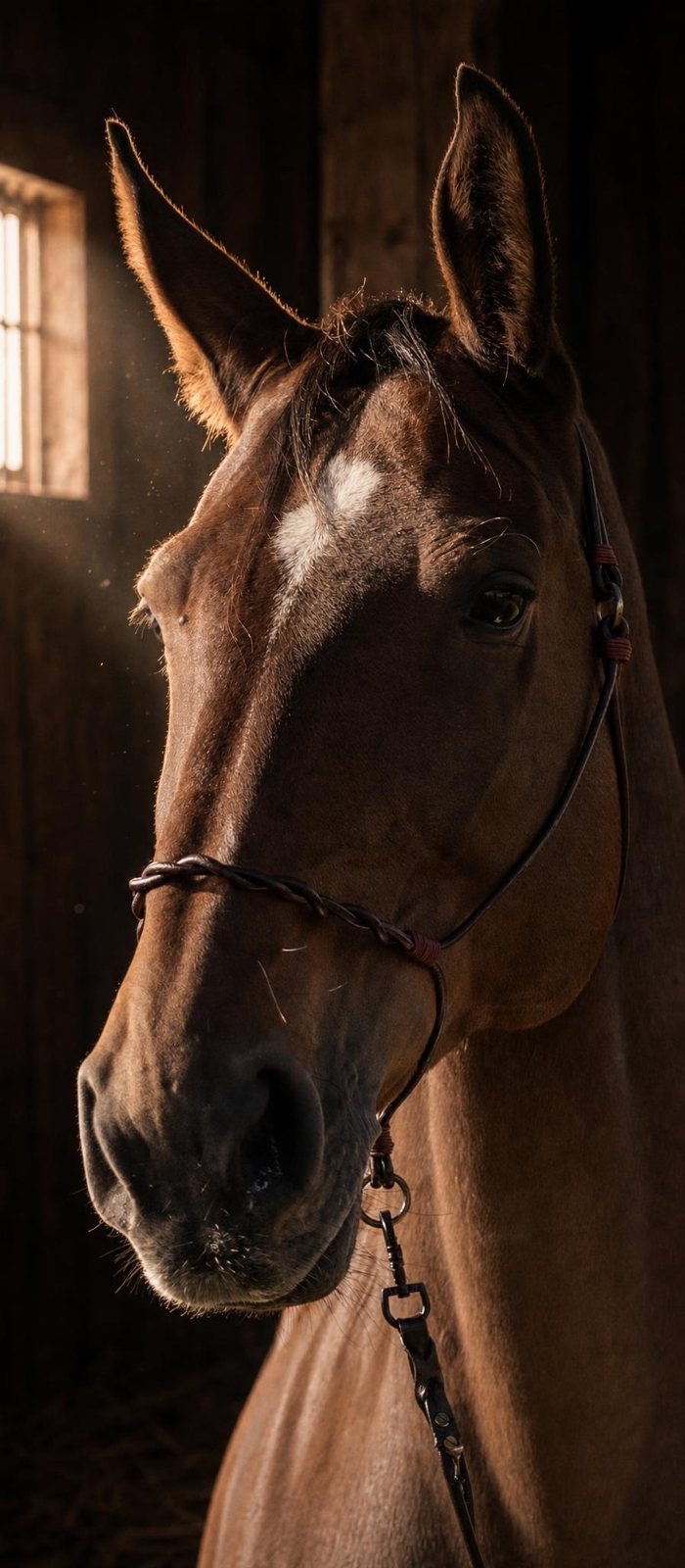 Bruin paard met bles en een bordeauxrood leren halster, in het raamlicht van de zadelkamer