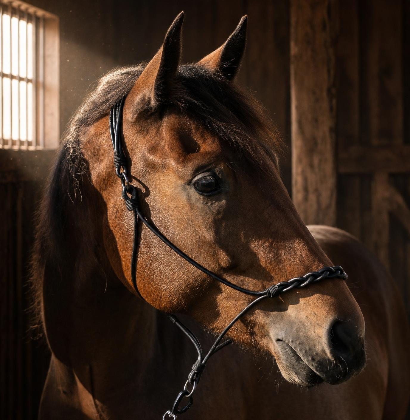 Bruin paard met een zwart leren halster en gevlochten neusriem, in warm raamlicht in de zadelkamer