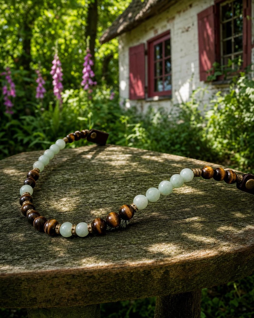 Frontriem van amazoniet en tijgeroog op een tuintafel onder de bomen bij de boerderij