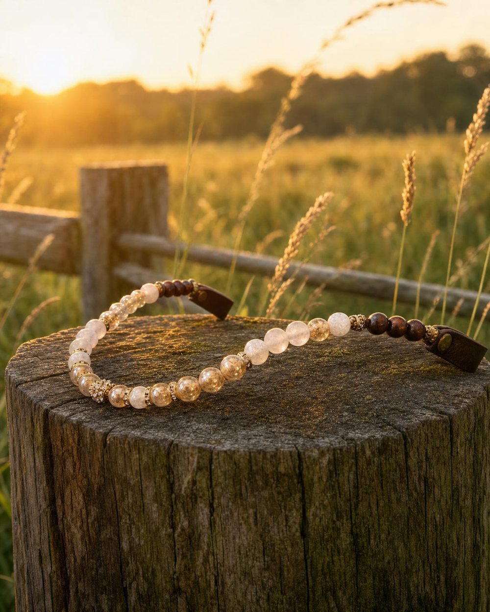 Frontriem van rozenkwarts en tijgeroog op een hekpaal in het weiland, golden hour