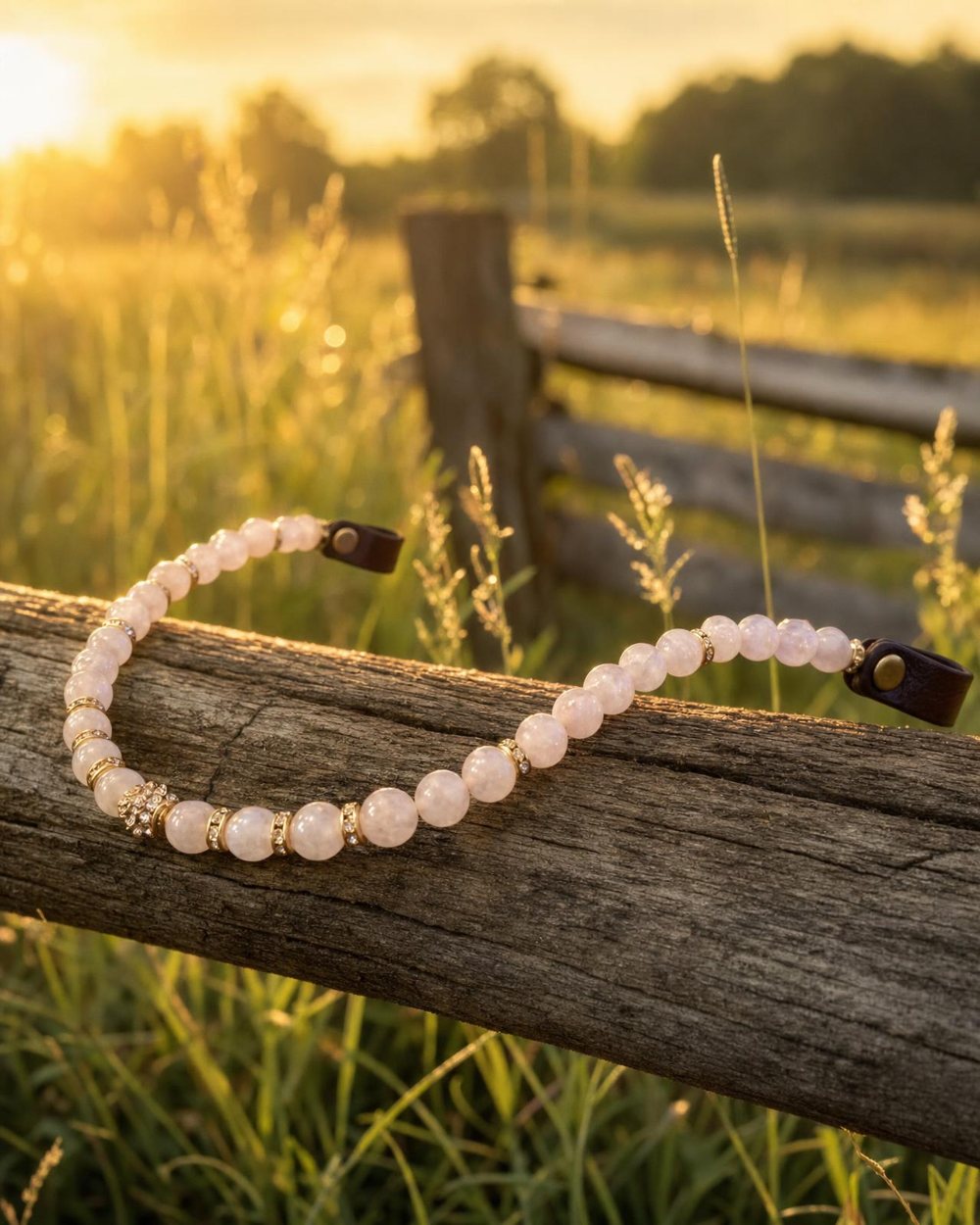 Frontriem van rozenkwarts met strass-tussenkralen op een hekregel in het weiland, golden hour