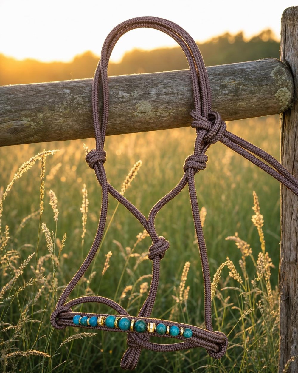 Bruin touwhalster met turquoise stenen over een hekregel in het weiland, golden hour