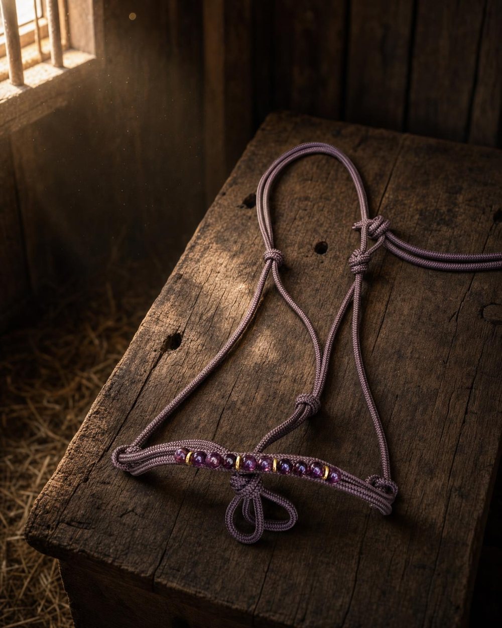 Mauve touwhalster met bordeaux stenen op een werkbank in de zadelkamer