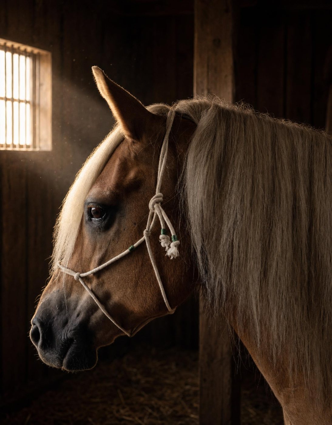 Palomino met een wit katoenen touwhalster in een donkere zadelkamer, raamlicht van links