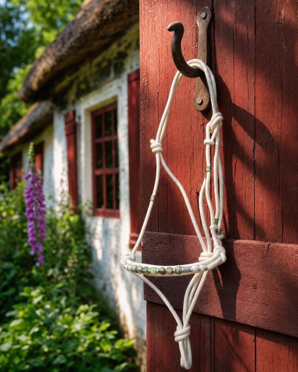 Wit katoenen touwhalster met edelsteenkralen aan een haak op een rode staldeur bij de boerderij