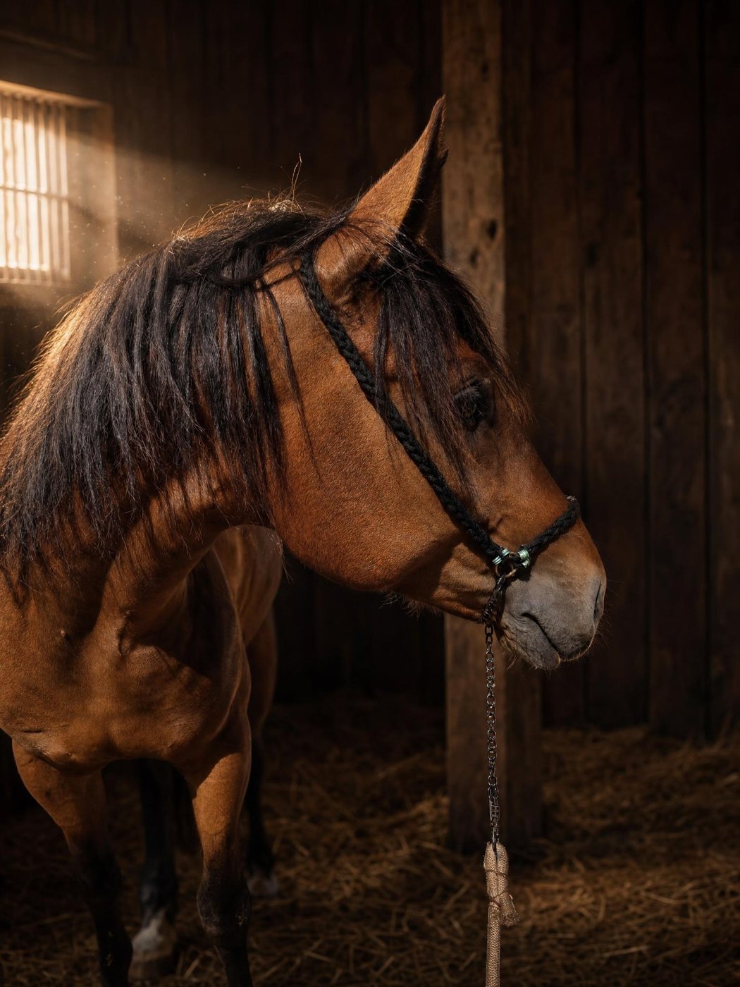 Bruin paard met een zwart gevlochten voorbrenghalster met groene kralen en ketting, in een houten stal